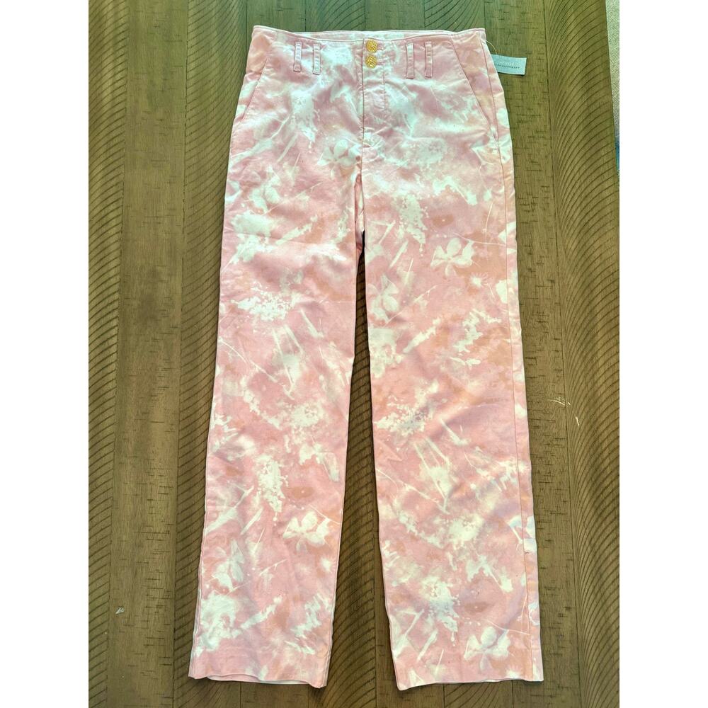 Anthropologie Jamie Trousers Women's 6P Pink White High Rise Pockets Button NWT